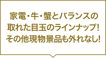 家電・牛・蟹とバランスの取れた目玉のラインナップ！その他現物景品も外れなし！