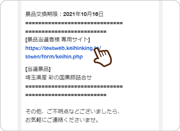 景品獲得コード記載されたメール画面