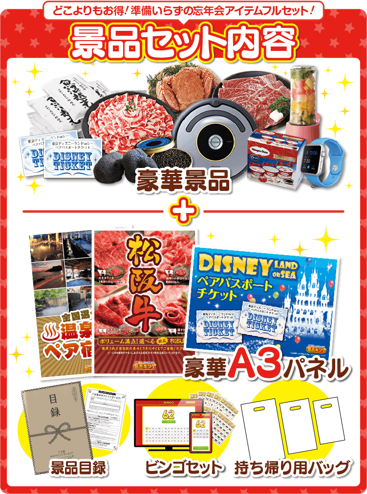 どこよりもお得！準備いらずの新年会アイテムフルセット！景品セット内容 豪華景品＋豪華A3パネル 景品目録 ビンゴセット 持ち帰り用バッグ