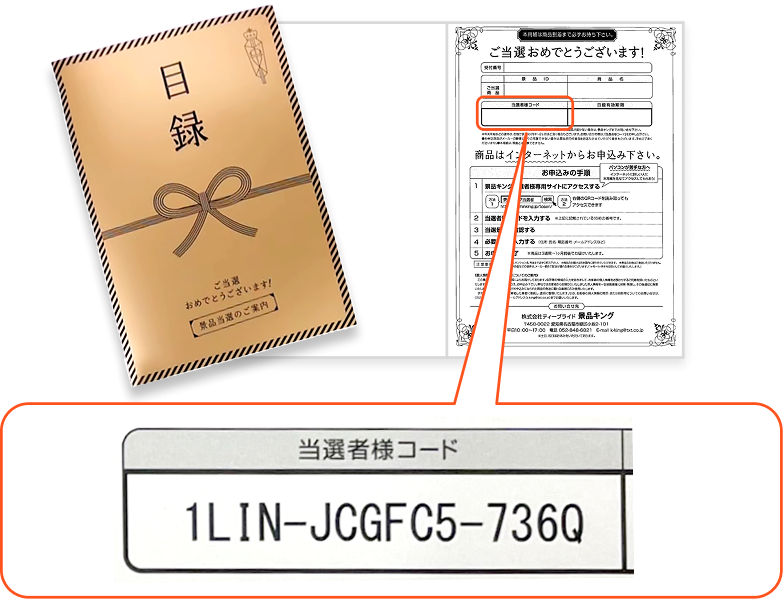 目録に記載された当選者様コードの位置
