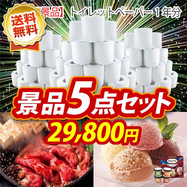 ビンゴ景品5点セット【トイレットペーパー1年分/国産黒毛和牛前バラすき焼き用300g 他】A3パネル・目録付き<送料無料>
