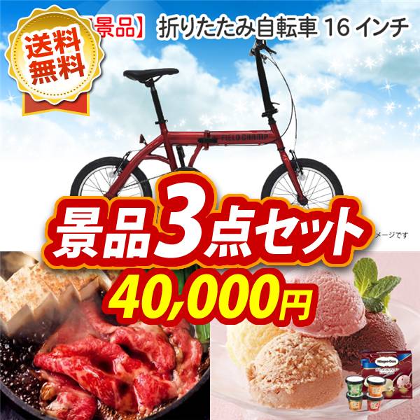 ビンゴ景品3点セット【折りたたみ自転車16インチ/国産黒毛和牛前バラすき焼き用300g 他】A3パネル・目録付き<送料無料>