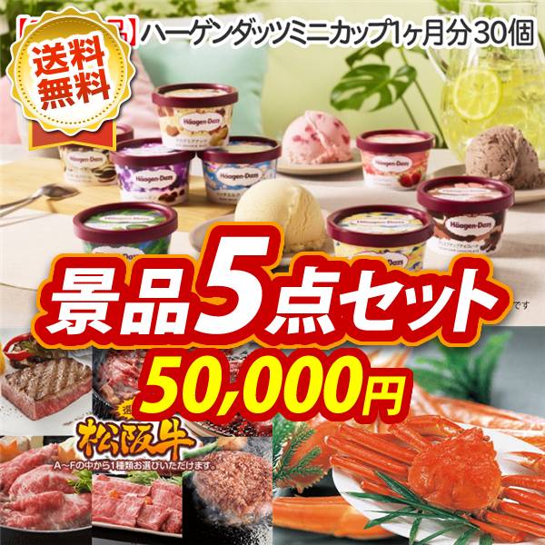 ビンゴ景品5点セット【ハーゲンダッツ ミニカップ 1ヶ月分　30個/選べる一品景品【松阪牛】 他】A3パネル・目録付き<送料無料>
