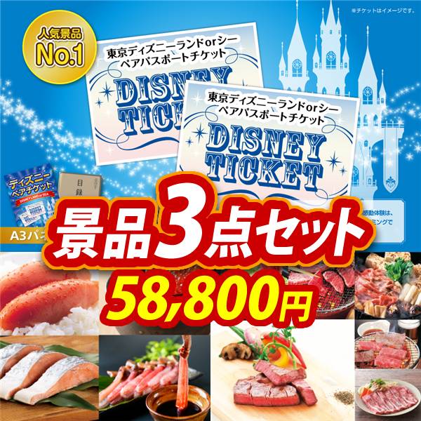 ディズニー景品3点セット【ディズニーペアチケット/選べる海鮮グルメ 他】A3パネル・目録付き<送料無料>　58,800円;