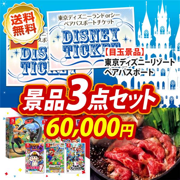 ビンゴ景品3点セット【ディズニーペアチケット/選べる!Switchゲームソフト 他】A3パネル・目録付き<送料無料>