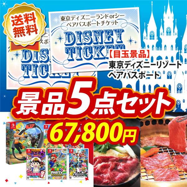 ビンゴ景品5点セット【ディズニーペアチケット/選べる!Switchゲームソフト 他】A3パネル・目録付き<送料無料>