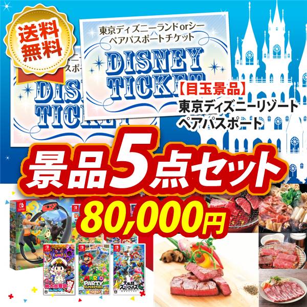 ビンゴ景品5点セット【ディズニーペアチケット/選べる!Switchゲームソフト 他】A3パネル・目録付き<送料無料>