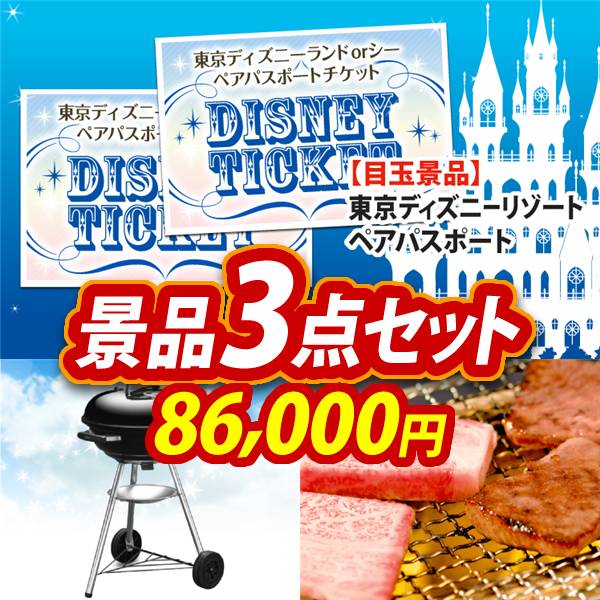 ビンゴ景品3点セット【ディズニーペアチケット/Weber BBQグリル 他】A3パネル・目録付き<送料無料>