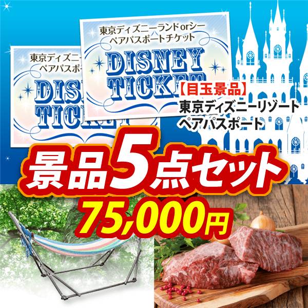 ビンゴ景品5点セット【ディズニーペアチケット/自立式ハンモック 他】A3パネル・目録付き<送料無料>