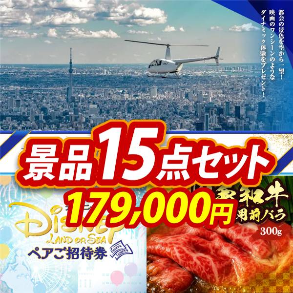 ビンゴ景品15点セット【豪華ヘリコプタークルージングチケット/ディズニーペアチケット 他】A3パネル・目録付き<送料無料>