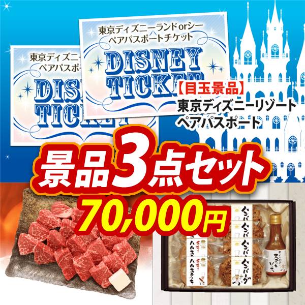 ビンゴ景品3点セット【ディズニーペアチケット/飛騨牛もも一口ステーキ500g 他】A3パネル・目録付き<送料無料>