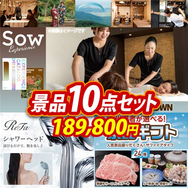 ビンゴ景品10点セット【選べる体験ギフトBROWN/ReFaシャワーヘッド 他】A3パネル・目録付き<送料無料>
