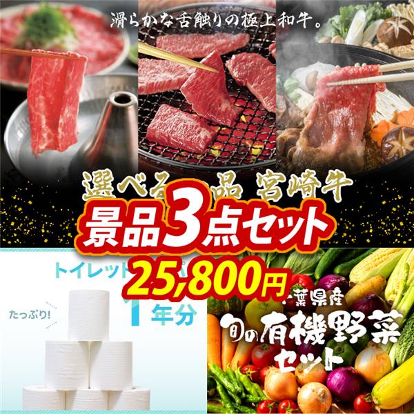 ビンゴ景品3点セット【選べる一品 宮崎牛/トイレットペーパー1年分 他】A3パネル・目録付き<送料無料>