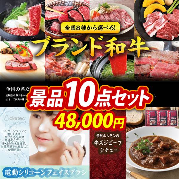ビンゴ景品10点セット【選べる!全国ブランド和牛/ドリテック 電動シリコーンフェイスブラシ 他】A3パネル・目録付き<送料無料>