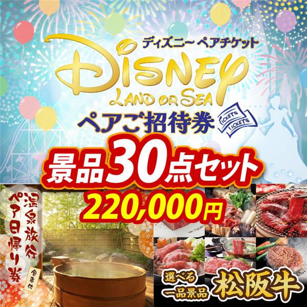 ビンゴ景品30点セット【ディズニーペアチケット/選べるペア日帰り入浴+食事付きプラン 他】A3パネル・目録付き<送料無料>