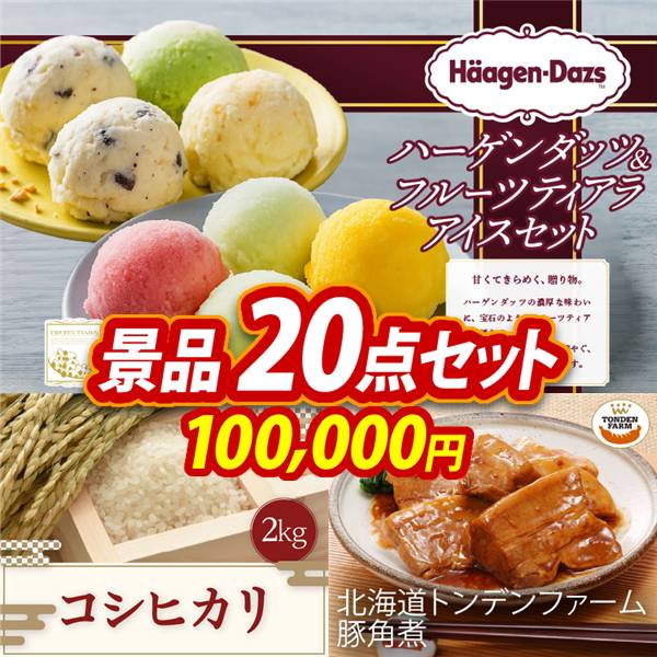 ビンゴ景品20点セット【ハーゲンダッツ&フルーツティアラアイスセット/コシヒカリ2kg 他】A3パネル・目録付き<送料無料>
