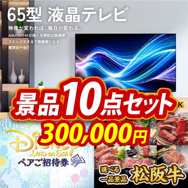 ビンゴ景品10点セット【AQUOS 4K65型　液晶テレビ/ディズニーペアチケット 他】A3パネル・目録付き<送料無料>
