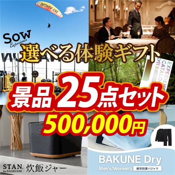忘年会景品25点セット【選べる体験ギフトBROWN/象印STAN. 炊飯ジャー 他】A3パネル・目録付き<送料無料>