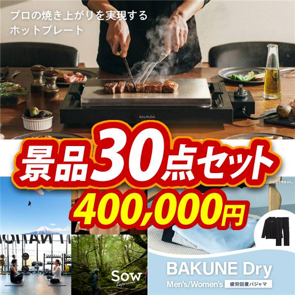 忘年会景品30点セット【BALMUDA The Plate/選べる体験ギフトBROWN 他】A3パネル・目録付き<送料無料>