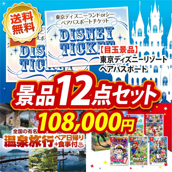 ビンゴ景品12点セット【ディズニーペアチケット/選べるペア日帰り入浴+食事付きプラン 他】A3パネル・目録付き<送料無料>