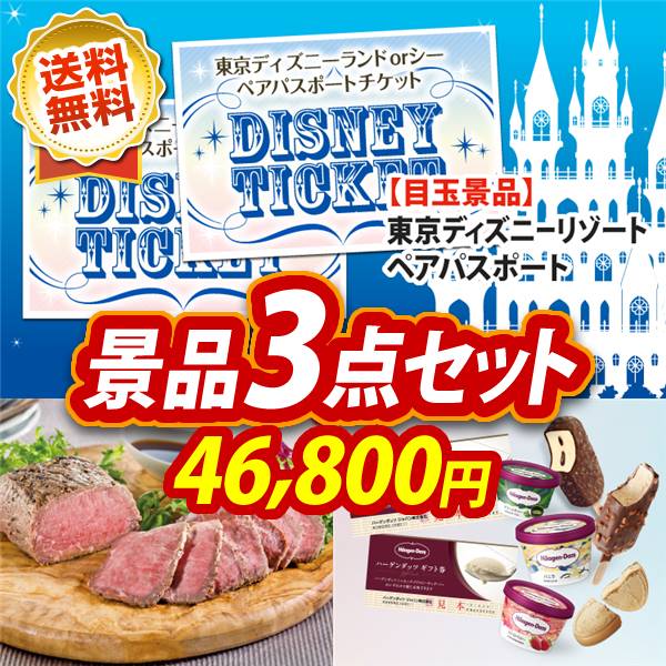 ビンゴ景品3点セット【ディズニーペアチケット/直火焼ローストビーフセット 他】A3パネル・目録付き<送料無料>