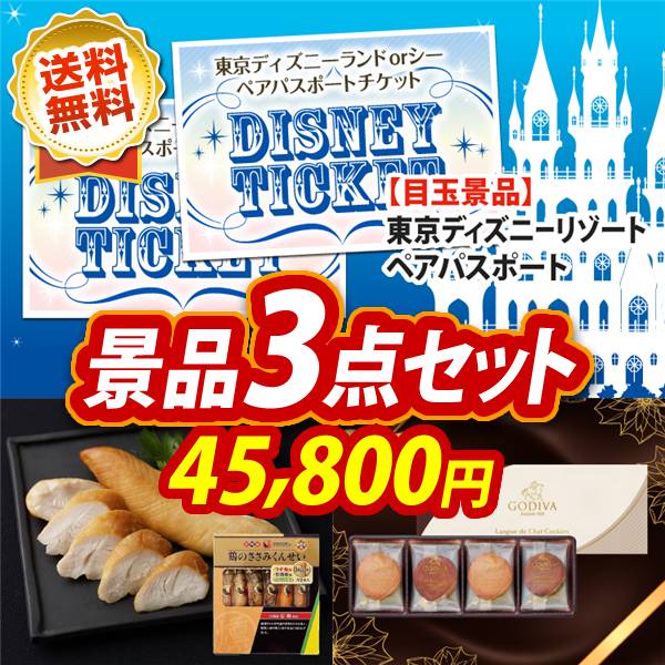 ビンゴ景品3点セット【ディズニーペアチケット/雲海物産鶏のささみ燻製 他】A3パネル・目録付き<送料無料>