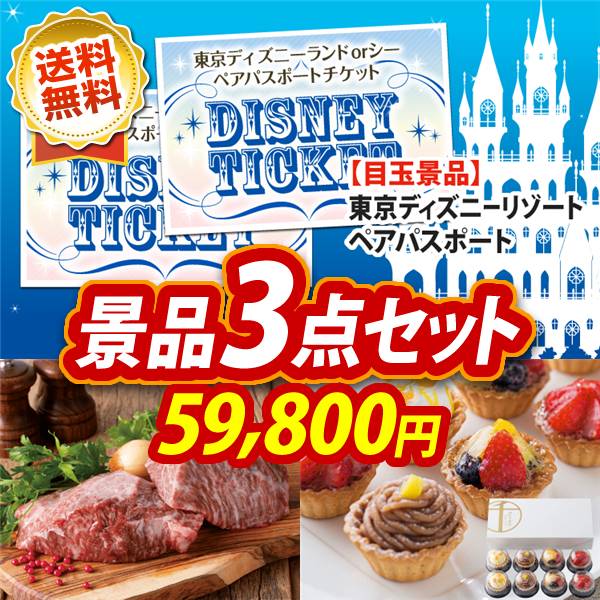 ビンゴ景品3点セット【ディズニーペアチケット/岡山県産　千屋牛ステーキ(モモ) 他】A3パネル・目録付き<送料無料>