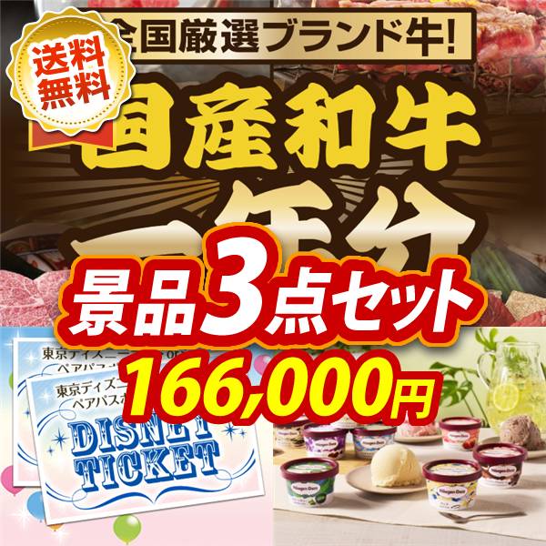 ビンゴ景品3点セット【全国ブランド和牛1年分(毎月300~400g×12回)/ディズニーペアチケット 他】A3パネル・目録付き<送料無料>