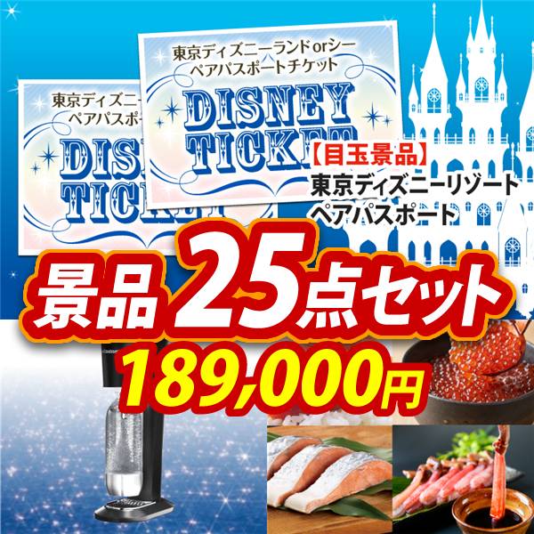 ビンゴ景品25点セット【ディズニーペアチケット/SodaStreamスターターキット 他】A3パネル・目録付き<送料無料>