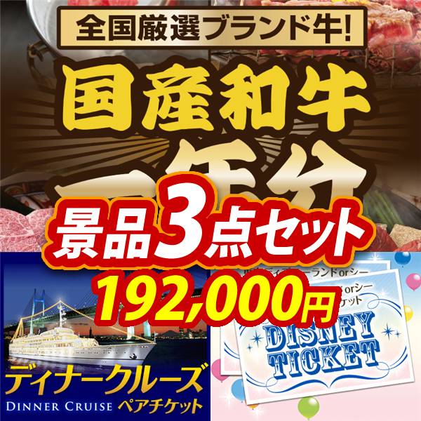 ビンゴ景品3点セット【全国ブランド和牛1年分(毎月300~400g×12回)/豪華ディナークルーズ ペアチケット 他】A3パネル・目録付き<送料無料>