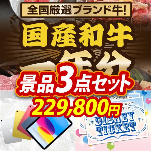 ビンゴ景品3点セット【全国ブランド和牛1年分(毎月300~400g×12回)/iPad 11インチ　128GB 他】A3パネル・目録付き<送料無料>