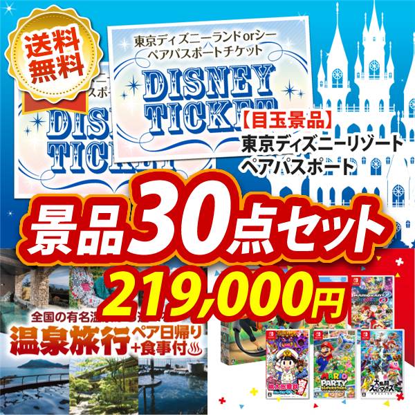 ビンゴ景品30点セット【ディズニーペアチケット/選べるペア日帰り入浴+食事付きプラン 他】A3パネル・目録付き<送料無料>