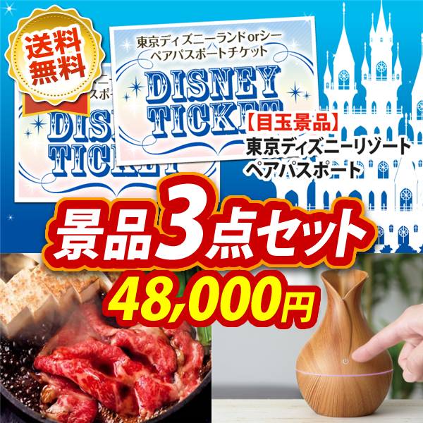 ビンゴ景品3点セット【ディズニーペアチケット/国産黒毛和牛前バラすき焼き用300g 他】A3パネル・目録付き<送料無料>