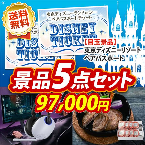 ビンゴ景品5点セット【ディズニーペアチケット/SONY ゲーミングヘッドセット 他】A3パネル・目録付き<送料無料>