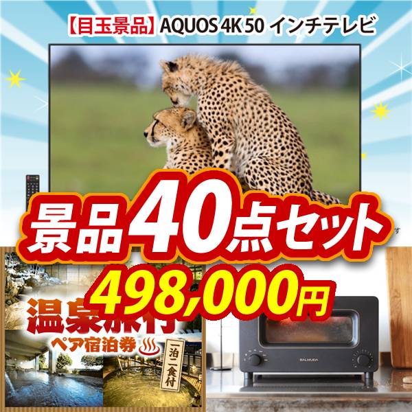 ビンゴ景品40点セット【AQUOS 4K 50インチテレビ/選べる!全国温泉旅行ペア宿泊券 他】A3パネル・目録付き<送料無料>