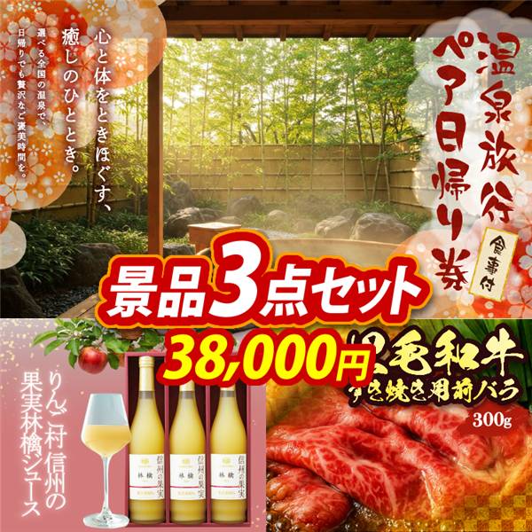 ビンゴ景品3点セット【選べるペア日帰り入浴+食事付きプラン/りんご村 信州の果実林檎ジュース 他】A3パネル・目録付き<送料無料>