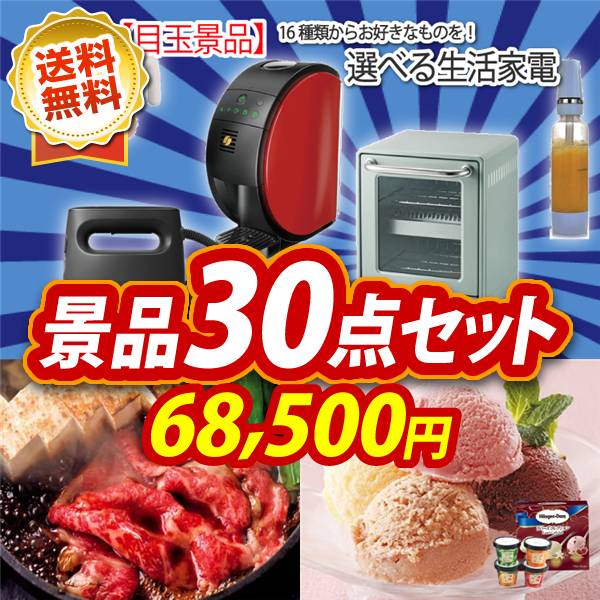 ビンゴ景品30点セット【選べる生活家電/国産黒毛和牛前バラすき焼き用300g 他】A3パネル・目録付き<送料無料>