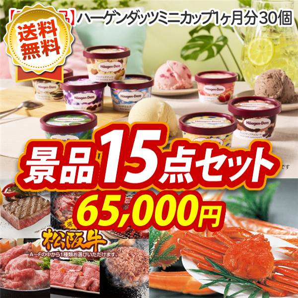 ビンゴ景品15点セット【ハーゲンダッツ ミニカップ 1ヶ月分　30個/選べる一品景品【松阪牛】 他】A3パネル・目録付き<送料無料>