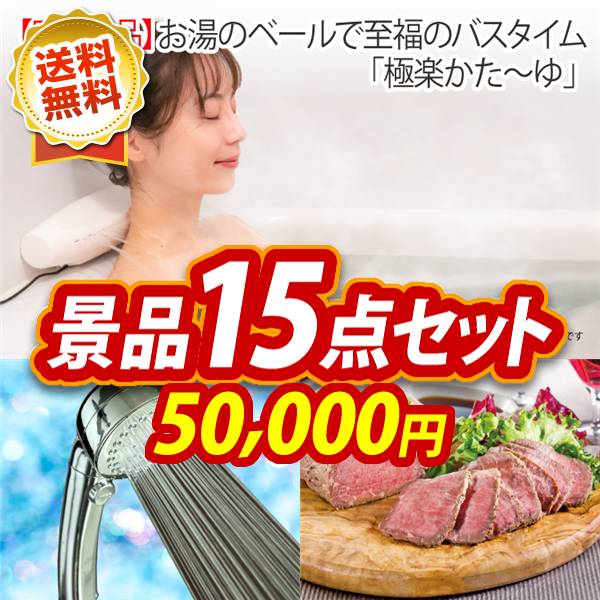 ビンゴ景品15点セット【お湯のベールで至福のバスタイム「極楽かた〜ゆ」/ミストシャワーヘッドシルキーリフレッシュ 他】A3パネル・目録付き<送料無料>