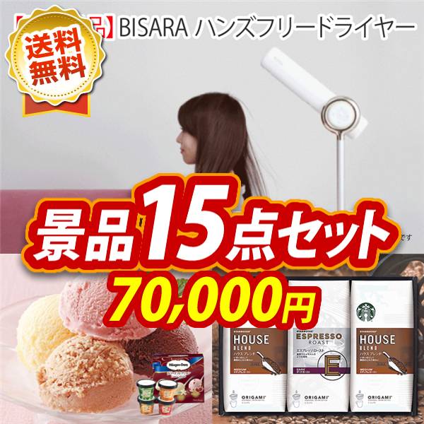 ビンゴ景品15点セット【BISARA Light ハンズフリードライヤー/ハーゲンダッツ&フルーツティアラアイスセット 他】A3パネル・目録付き<送料無料>