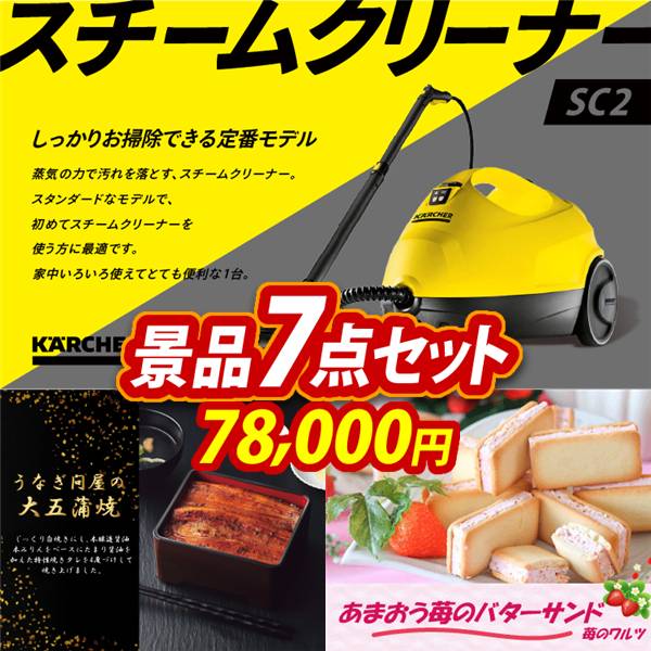 ビンゴ景品7点セット【KARCHERスチームクリーナー/うなぎ問屋の大五蒲焼(3尾) 他】A3パネル・目録付き<送料無料>