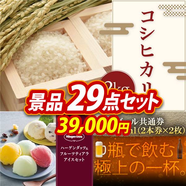 ビンゴ景品29点セット【コシヒカリ2kg/ハーゲンダッツ&フルーツティアラアイスセット 他】A3パネル・目録付き<送料無料>