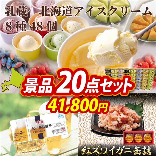 ビンゴ景品20点セット【乳蔵 北海道アイスクリーム8種48個/ビール共通券缶350ml(2本×5枚) 他】A3パネル・目録付き<送料無料>