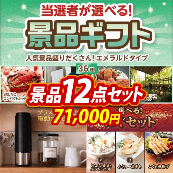 ビンゴ景品12点セット【当選者が選べる景品ギフト【エメラルド】/プラスマイナスゼロ 電動コーヒーミル 他】A3パネル・目録付き<送料無料>