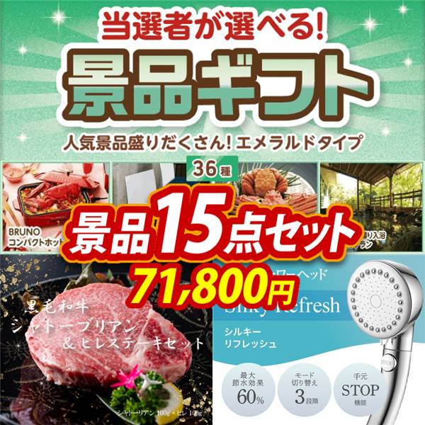 ビンゴ景品15点セット【当選者が選べる景品ギフト【エメラルド】/黒毛和牛シャトーブリアン&ヒレステーキセット 他】A3パネル・目録付き<送料無料>
