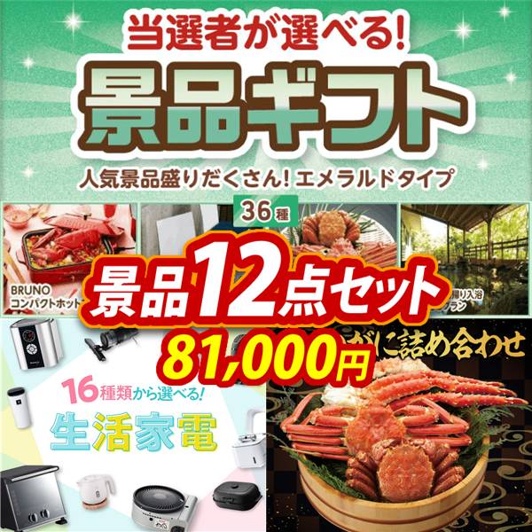 ビンゴ景品12点セット【当選者が選べる景品ギフト【エメラルド】/選べる生活家電 他】A3パネル・目録付き<送料無料>