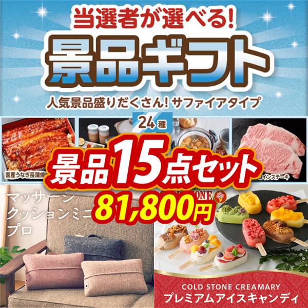 ビンゴ景品15点セット【当選者が選べる景品ギフト【サファイヤ】/マッサージクッションミニ プロ 他】A3パネル・目録付き<送料無料>
