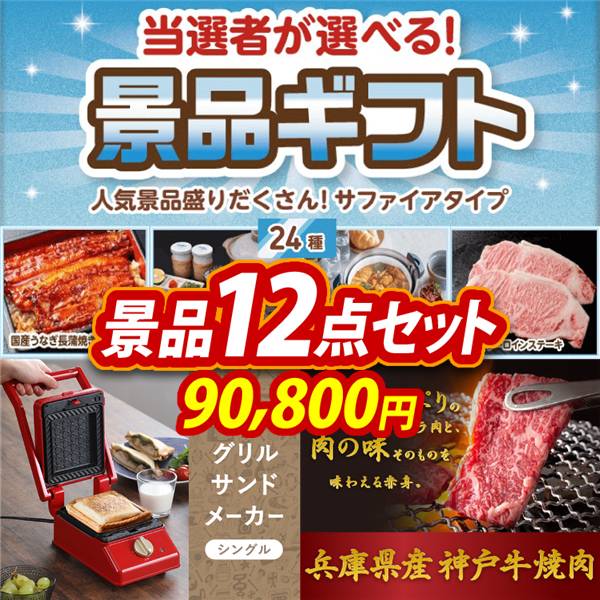 ビンゴ景品12点セット【当選者が選べる景品ギフト【サファイヤ】/グリルサンドメーカー シングル 他】A3パネル・目録付き<送料無料>