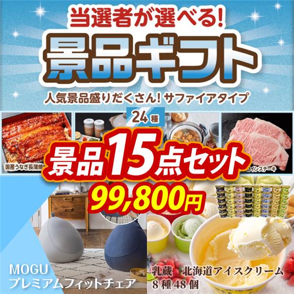 ビンゴ景品15点セット【当選者が選べる景品ギフト【サファイヤ】/MOGU プレミアムフィットチェア 他】A3パネル・目録付き<送料無料>