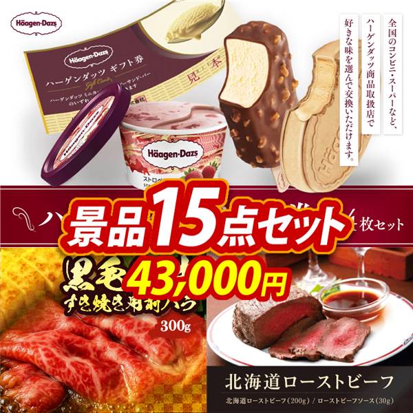 ビンゴ景品15点セット【ハーゲンダッツギフト券4枚セット/国産黒毛和牛前バラすき焼き用300g 他】A3パネル・目録付き<送料無料>